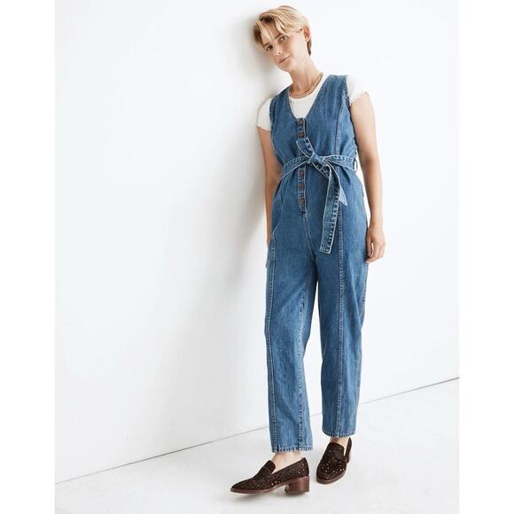 Madewell Denim Sleeveless Tie-Waist Jumpsuit in Belvoir Wash Sz XXS - Picture 2 of 9